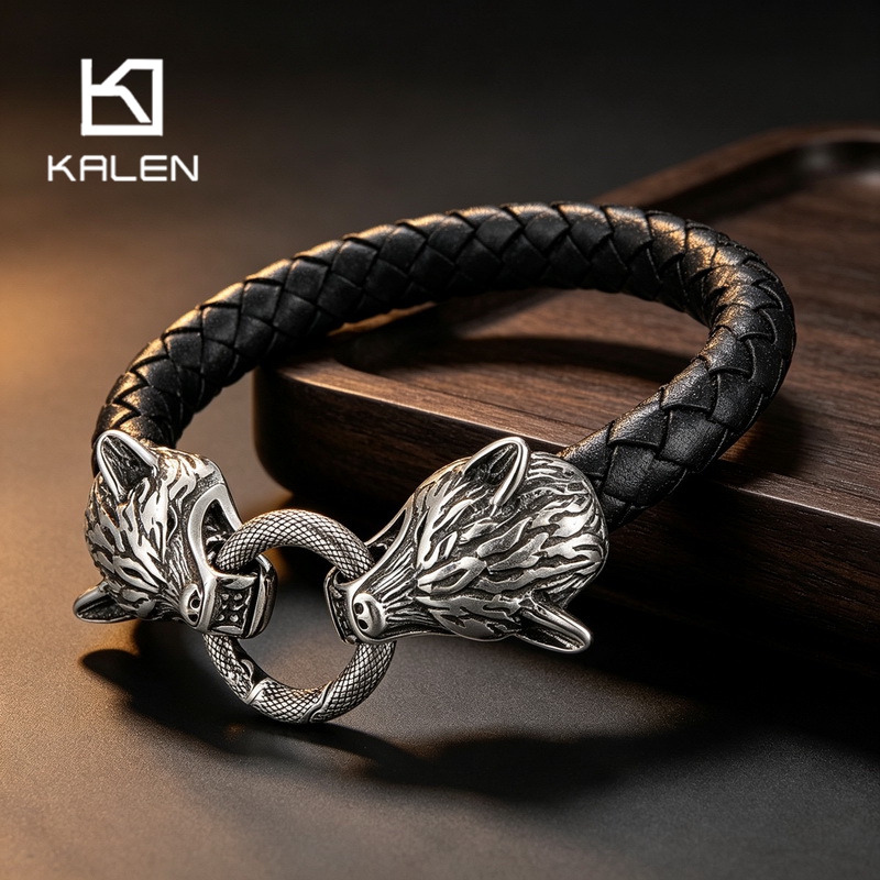 Men Accessories Bd - Gelang Kulit Kepang Kepala Serigala Viking